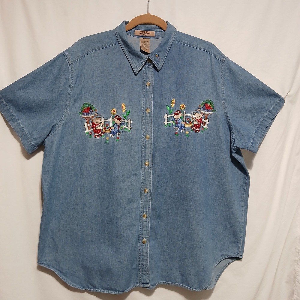 Too Me Size‎ Denim Shirt Embroidered Bears Button Up Short Sleeve 18W/20W